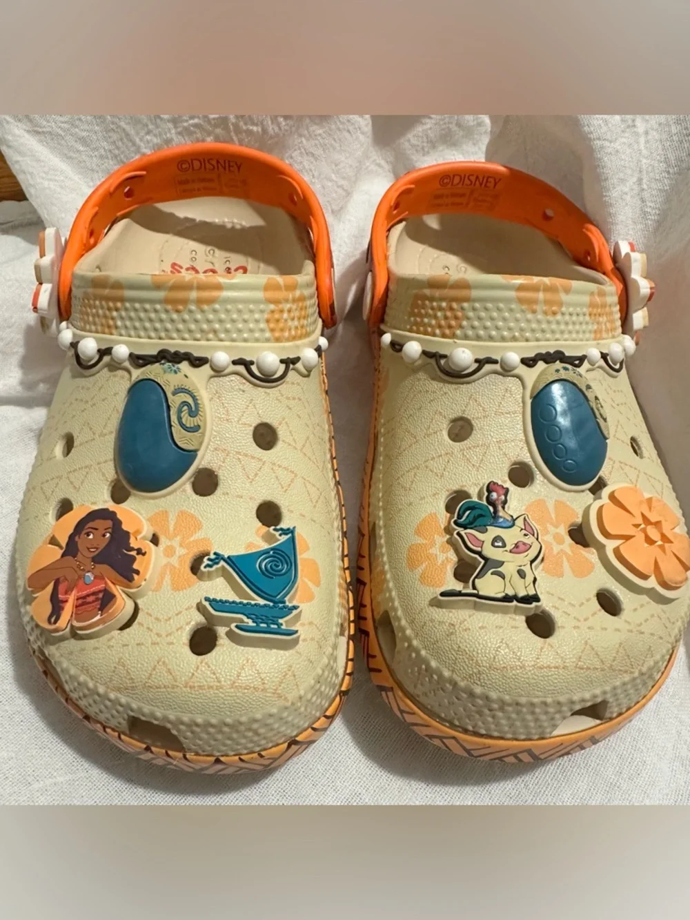 CROCS Kids Beige and Orange Moana Jibbitz Clog Shoes
